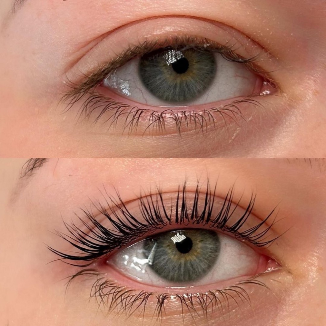 Before and after picture of a lash lift.