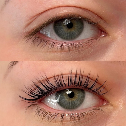 Before and after picture of a lash lift.
